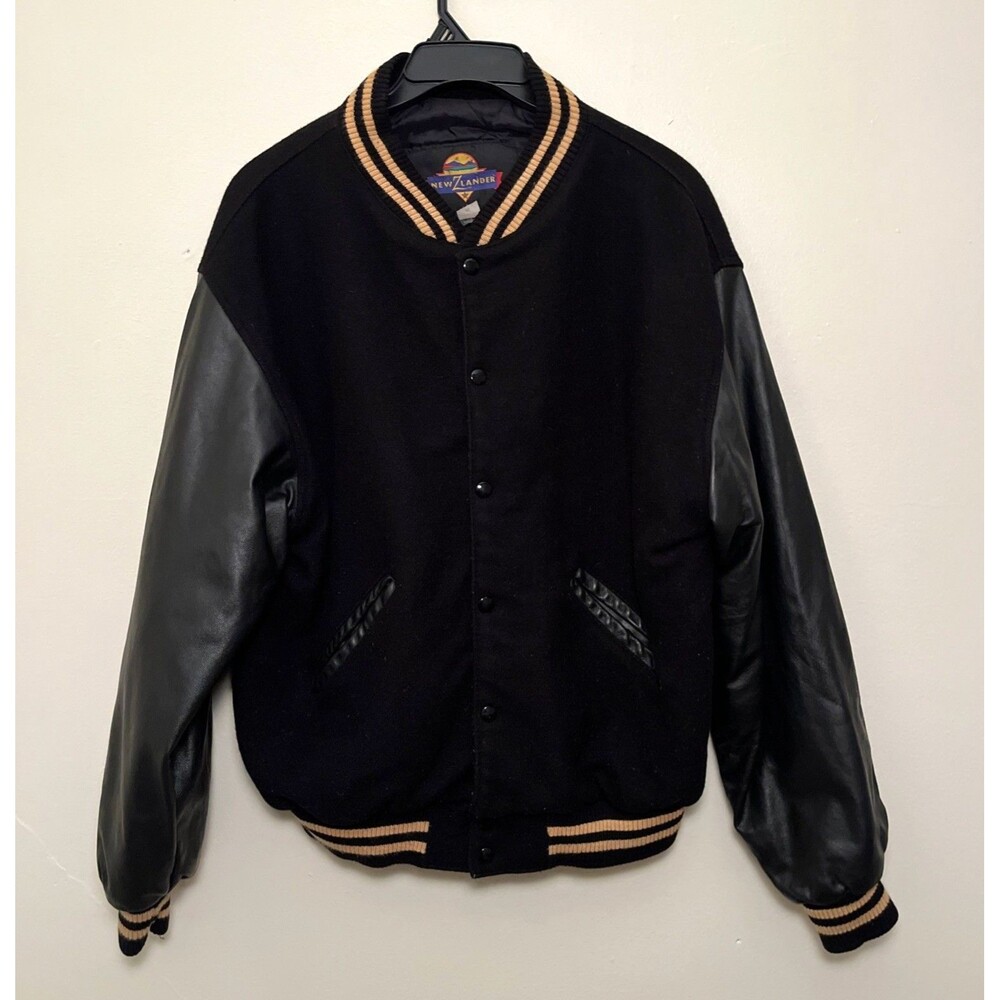 Vintage Black Varsity Jacket with Genuine Leather Sleeves Black & Yellow WuTang